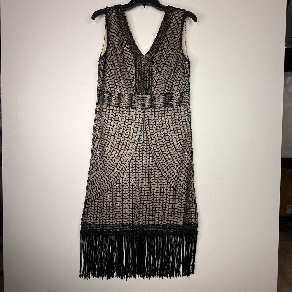 Beaded Black And Tan Flapper Dress 20's Style Medium Zip Back